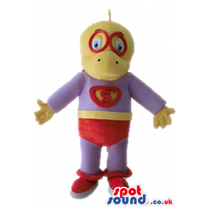 Yellow duck dressed as a superhero in a purple suit, with red