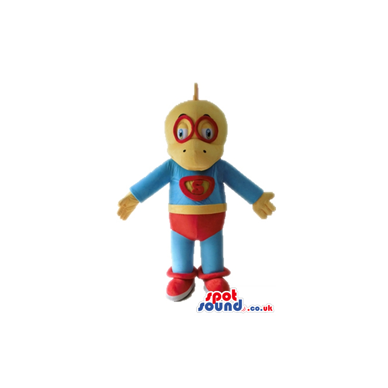 Yellow duck wearing red glasses and a blue super hero suit with