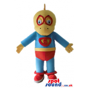 Yellow duck wearing red glasses and a blue super hero suit with