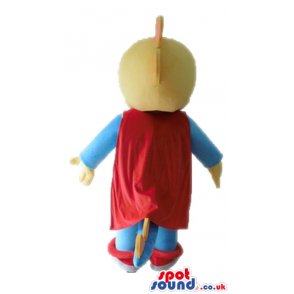 Yellow duck wearing red glasses and a blue super hero suit with