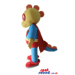 Yellow duck wearing red glasses and a blue super hero suit with