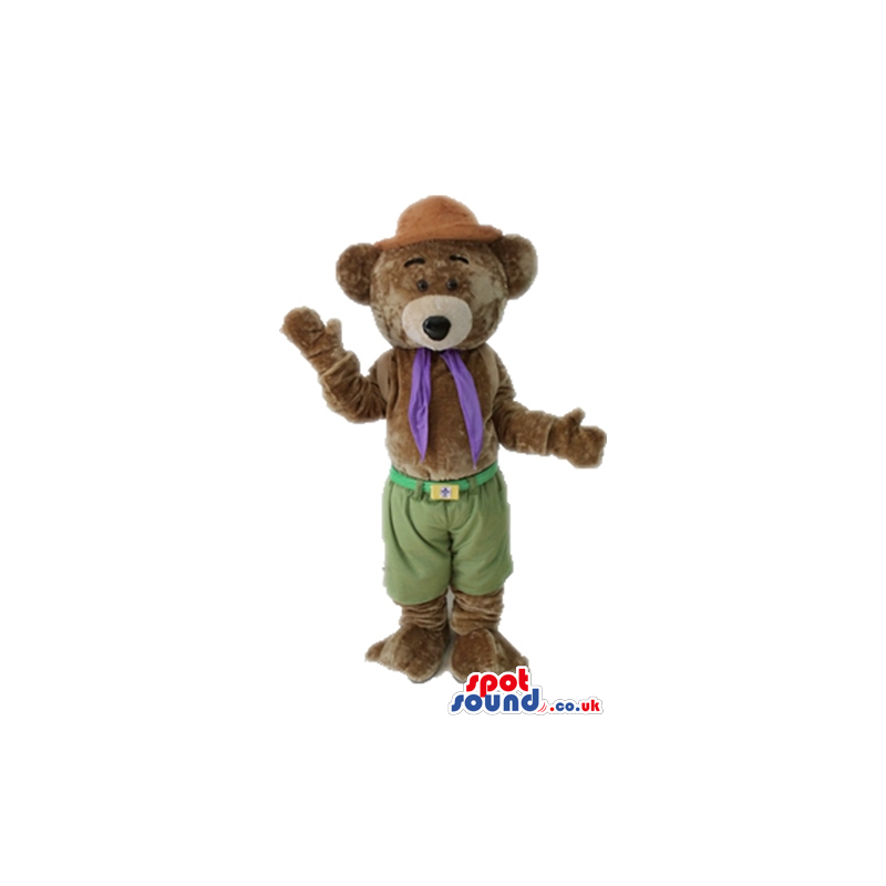 Brown bear wearing a brown hat, green trousers and a purple