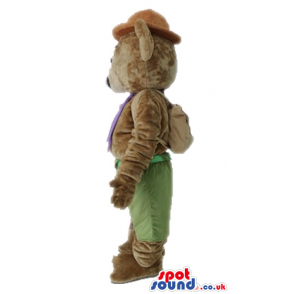 Brown bear wearing a brown hat, green trousers and a purple