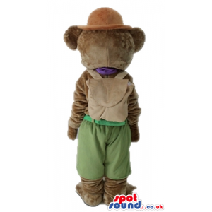 Brown bear wearing a brown hat, green trousers and a purple