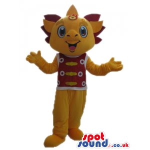 Yellow monster with round blue eyes wearing a red and yellow