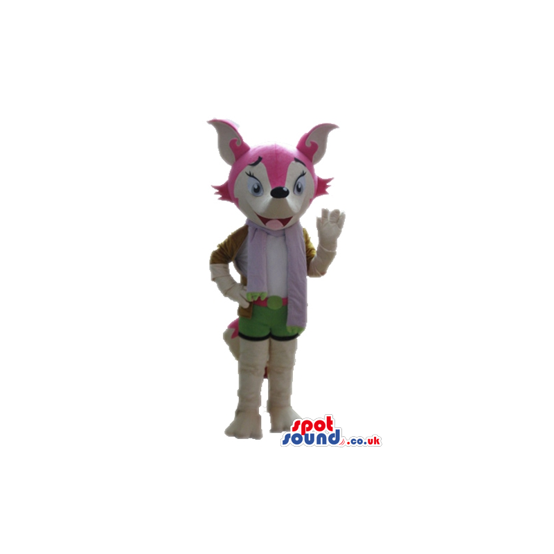 Grey fox with a pink face wearing green shorts and a purple