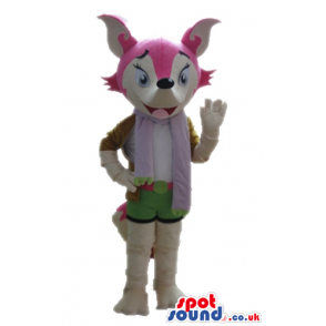 Grey fox with a pink face wearing green shorts and a purple