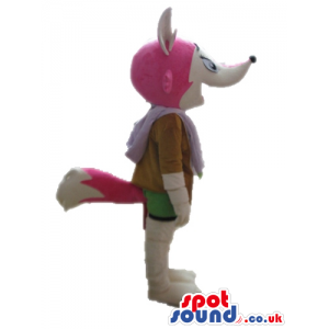 Grey fox with a pink face wearing green shorts and a purple
