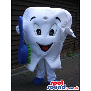 White Big Tooth Mascot With Blue And Green Toothbrush - Custom