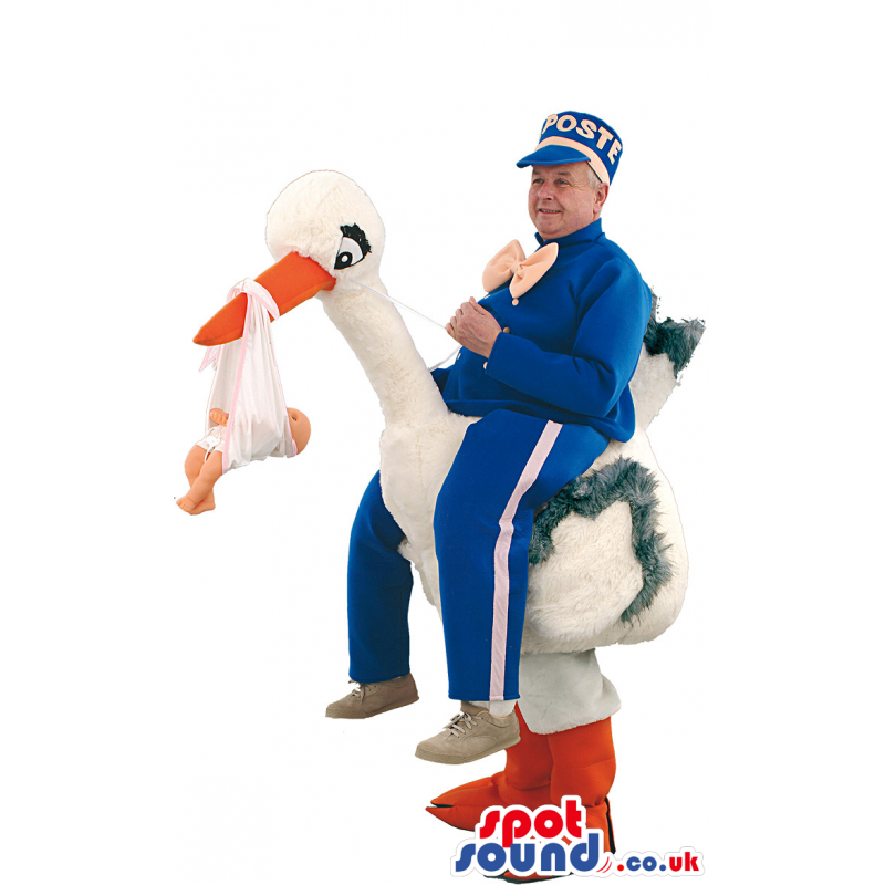 Postman And Stork Human Walker Mascot With Baby Doll - Custom