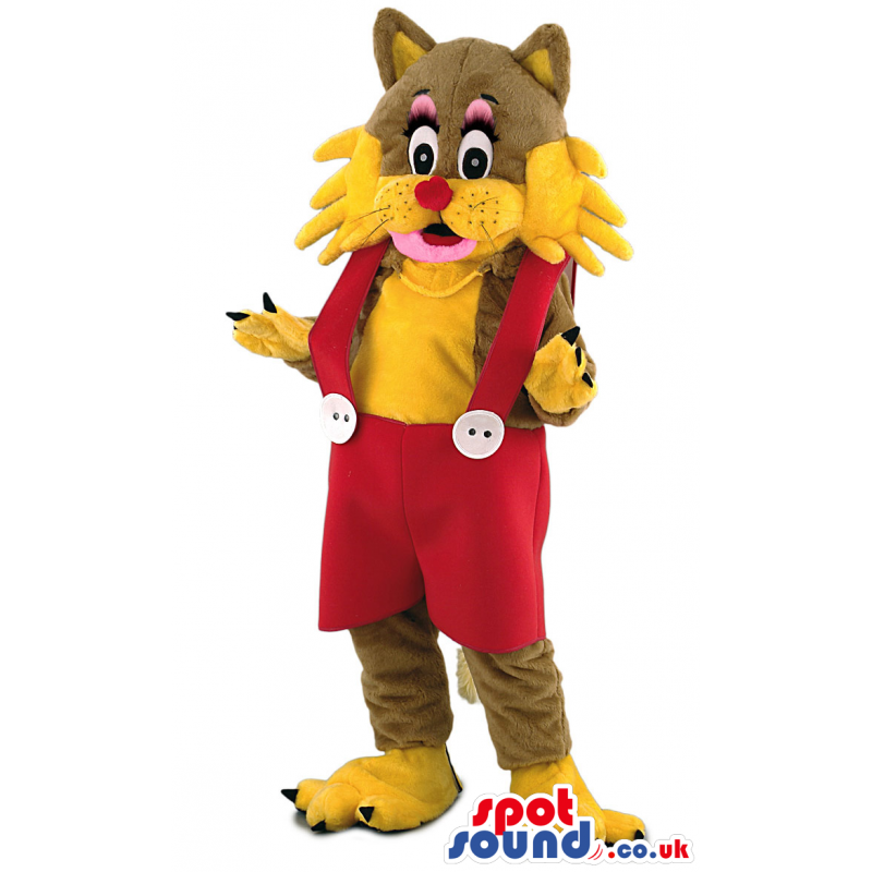 Brown And Yellow Cat Animal Mascot With Red Pants And