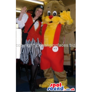 Brown And Yellow Cat Animal Mascot With Red Pants And