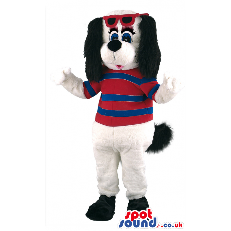 White Dog Mascot With Red And Blue Sweater And Sunglasses -