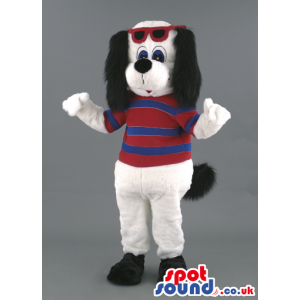 White Dog Mascot With Red And Blue Sweater And Sunglasses -