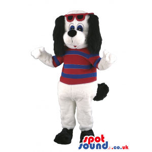 White Dog Mascot With Red And Blue Sweater And Sunglasses -