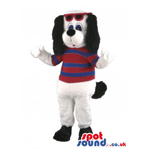 White Dog Mascot With Red And Blue Sweater And Sunglasses -