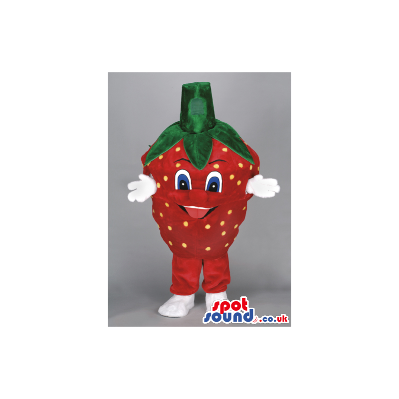 Strawberry Fruit Mascot With Blue Eyes And White Hands - Custom