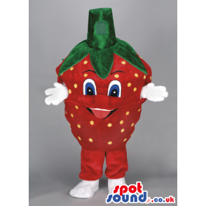 Strawberry Fruit Mascot With Blue Eyes And White Hands - Custom