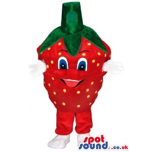 Strawberry Fruit Mascot With Blue Eyes And White Hands - Custom