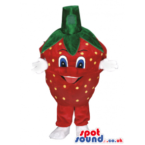 Strawberry Fruit Mascot With Blue Eyes And White Hands - Custom