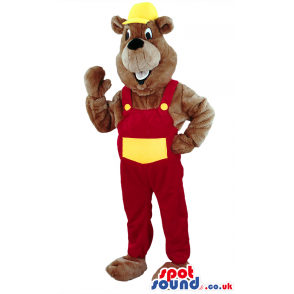 Brown Beaver Animal Mascot With Red And White Worker Clothes -