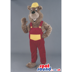 Brown Beaver Animal Mascot With Red And White Worker Clothes -