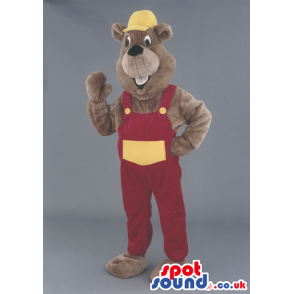 Brown Beaver Animal Mascot With Red And White Worker Clothes -