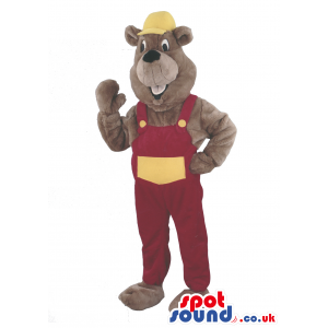 Brown Beaver Animal Mascot With Red And White Worker Clothes -