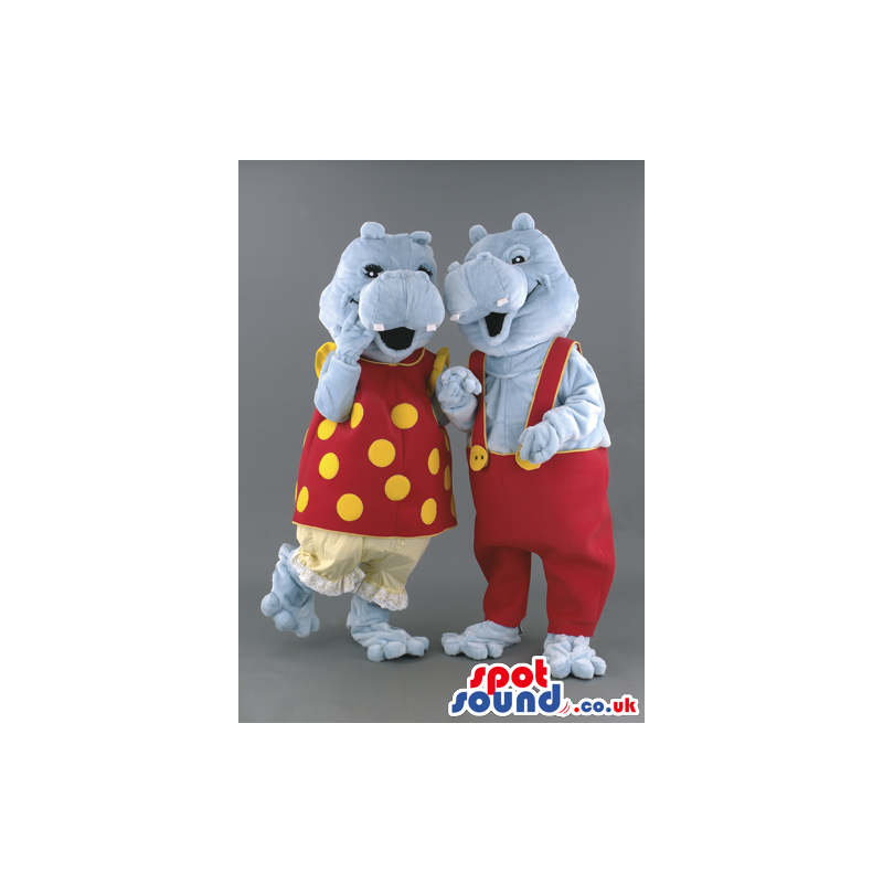 Grey Hippopotamus Couple Mascots With Customizable Clothes -