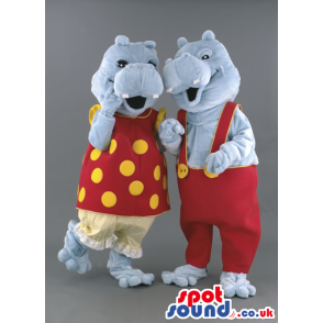Grey Hippopotamus Couple Mascots With Customizable Clothes -