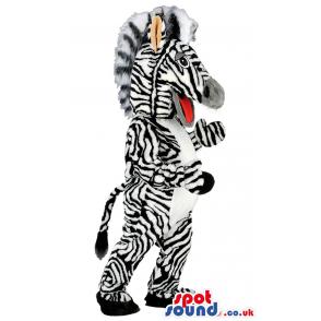 Happy zebra mascot with open mouth dancing around with joy -