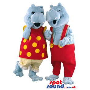 Grey Hippopotamus Couple Mascots With Customizable Clothes -