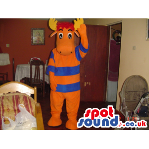 Orange Moose Animal Mascot With Blue And Orange T-Shirt -