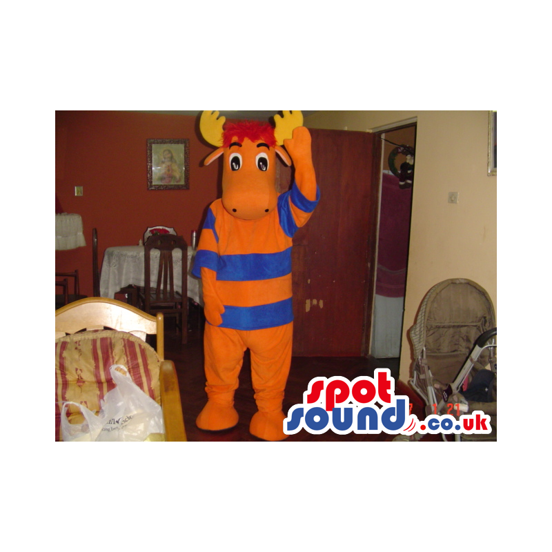 Orange Moose Animal Mascot With Blue And Orange T-Shirt -