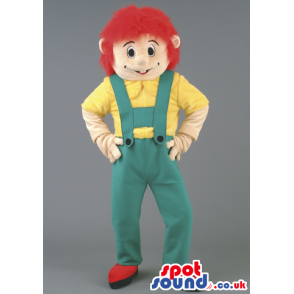 Boy Mascot With Red Hair And Green Overalls And Yellow Shirt -