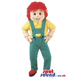 Boy Mascot With Red Hair And Green Overalls And Yellow Shirt -