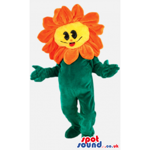 Flower Mascot With Orange Petals And Leaves And A Funny Face -