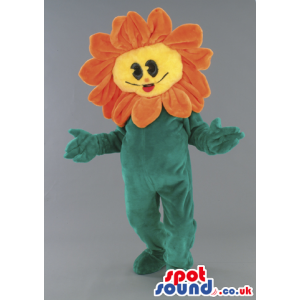 Flower Mascot With Orange Petals And Leaves And A Funny Face -