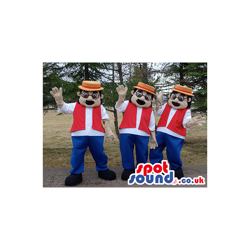 Three Human Mascots With Black Glasses, A Hat, A Vest And Pants