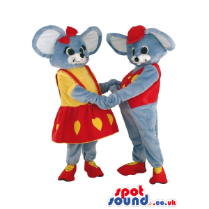 A Couple Of Mice Mascots Wearing Yellow And Red Garments -