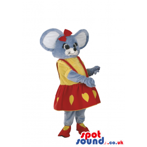 Funny Girl Grey Mouse Plush Mascot Wearing A Yellow And Red