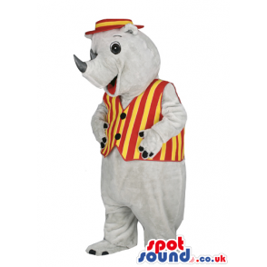 Rhinoceros Animal Mascot Wearing A Yellow And Red Vest And Hat
