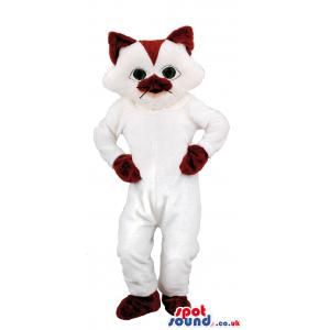 White and maroon cat mascot with his hands in his waist