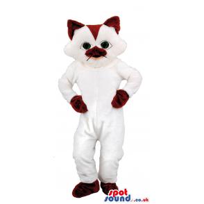 White and maroon cat mascot with his hands in his waist -