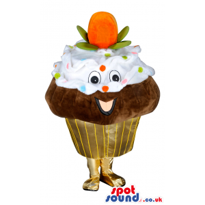 Cupcake Food Mascot With Big Fruit And Colorful Frosting -