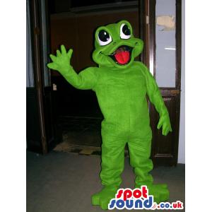 Little frog mascot in green with a happy face and waving hand -