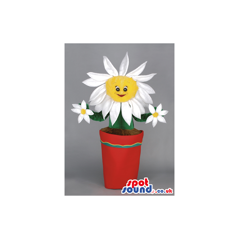 Daisy Flower Mascot With Red Flower Pot And White Petals -