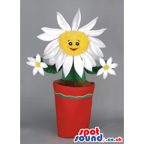 Daisy Flower Mascot With Red Flower Pot And White Petals -