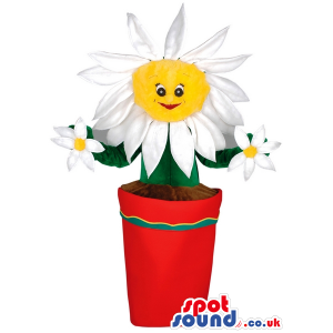 Daisy Flower Mascot With Red Flower Pot And White Petals -