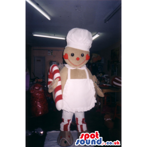 Ginger-Bread Man Mascot With Red And White Chef Garments -